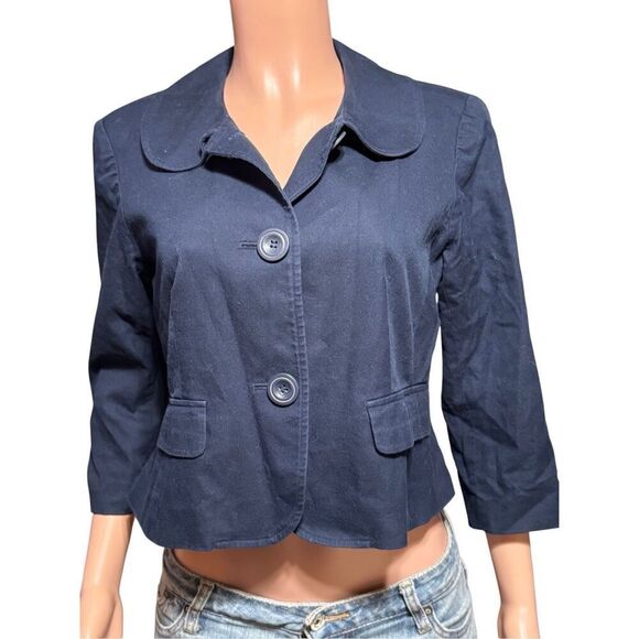 Talbots petite women navy blue two button 3/4 sleeve short blazer 10/M - Picture 2 of 6